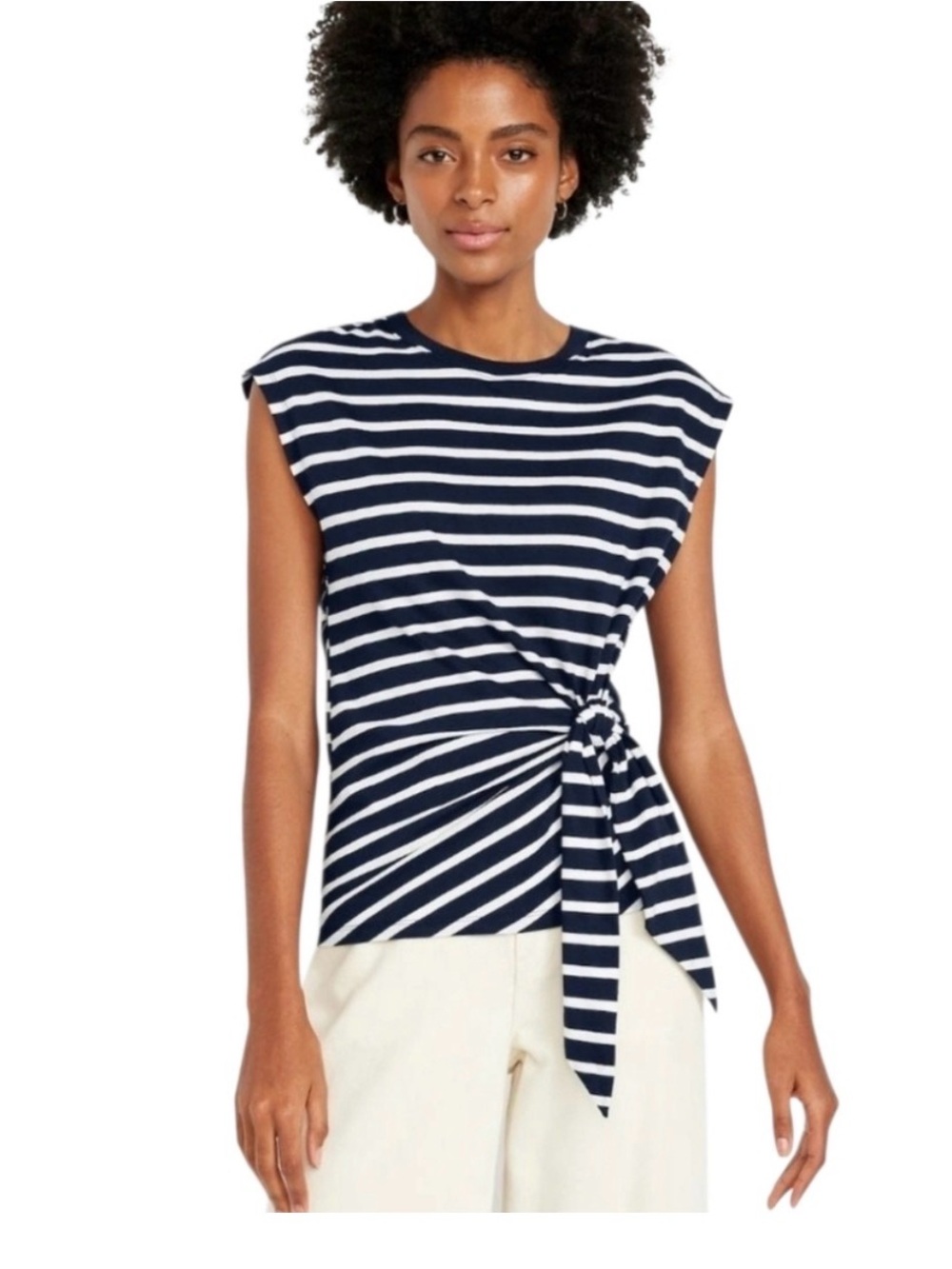 Old Navy EveryWear Navy and White Striped Cap Sleeve Side Tie Cotton Top Small